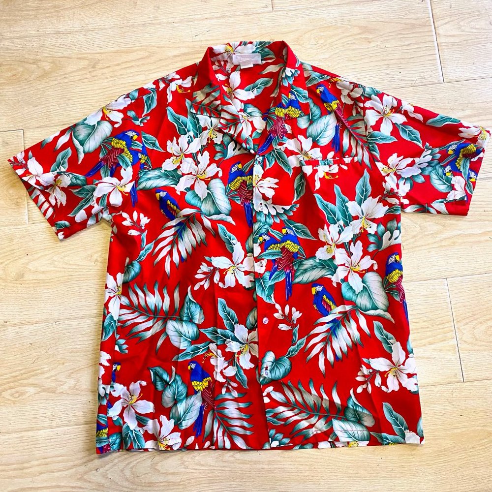 VTG Evergreen Island RED FLORAL Button Down Shirt LARGE‎ Made in Hawaii 🌊